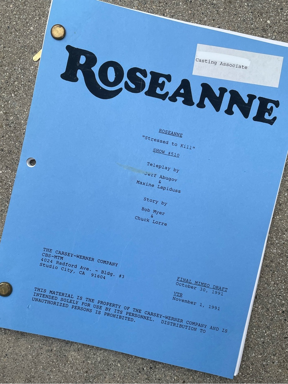 Roseanne Vtg 1991 Production Used Final Mimeo Draft Script Stressed To Kill
